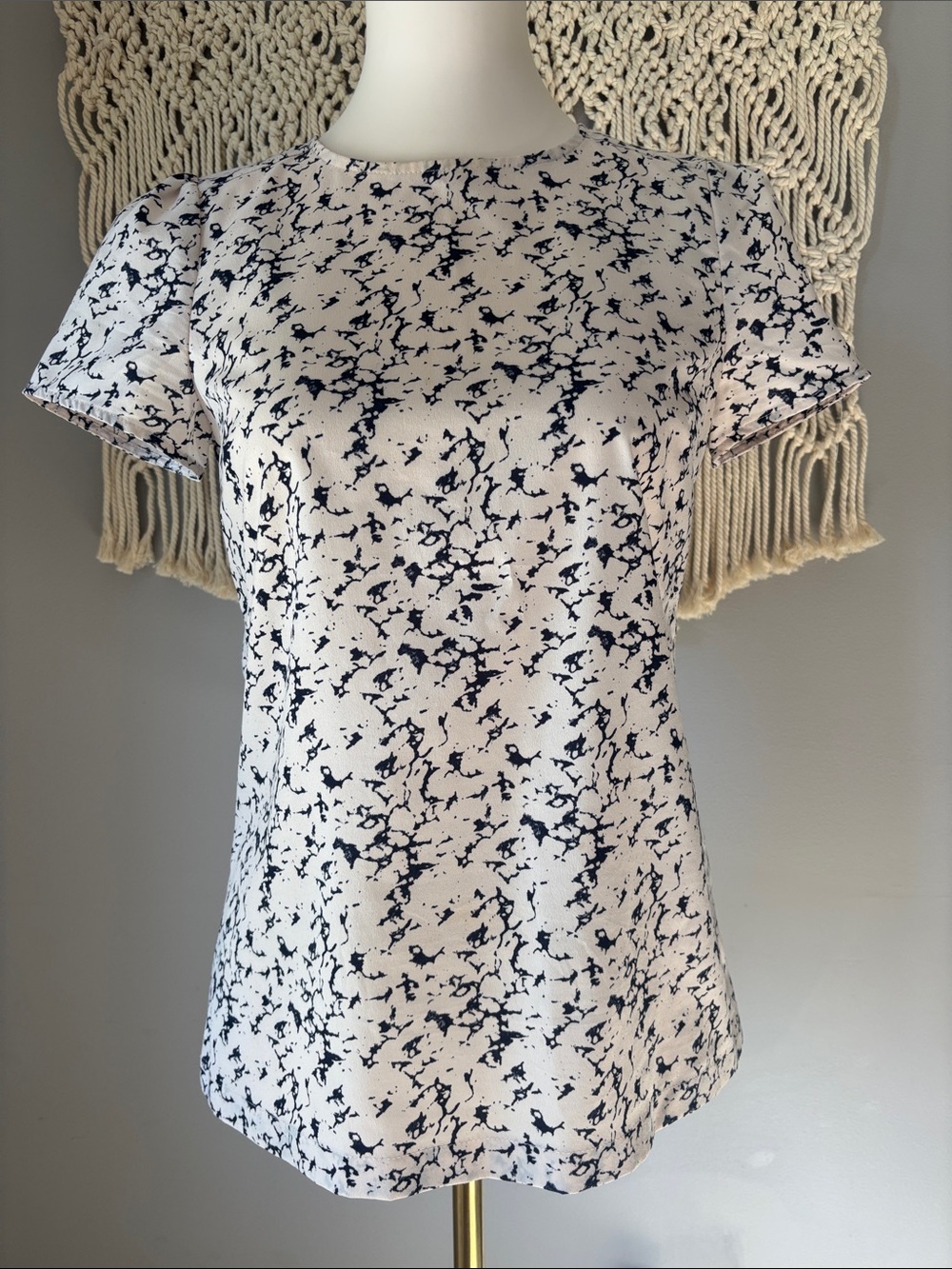 French Connection White and Navy Abstract Short Sleeve Top